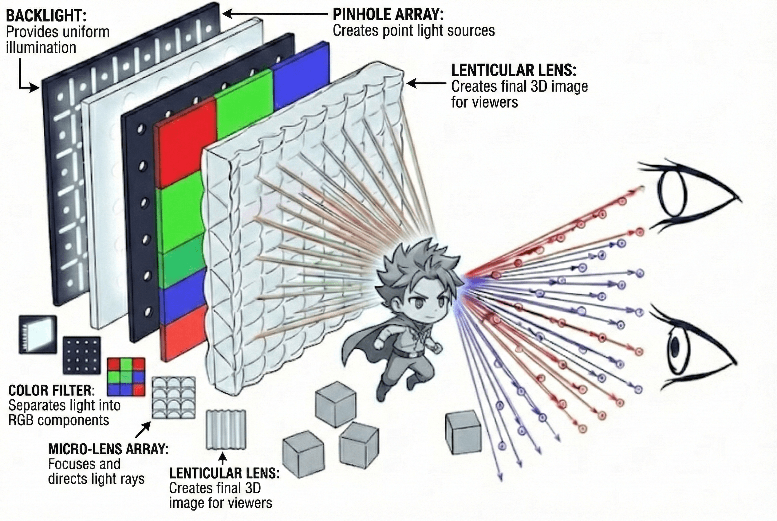 Illume Box light field architecture showing backlight, pinhole array, collimation, RGB encoding, and lenticular steering.